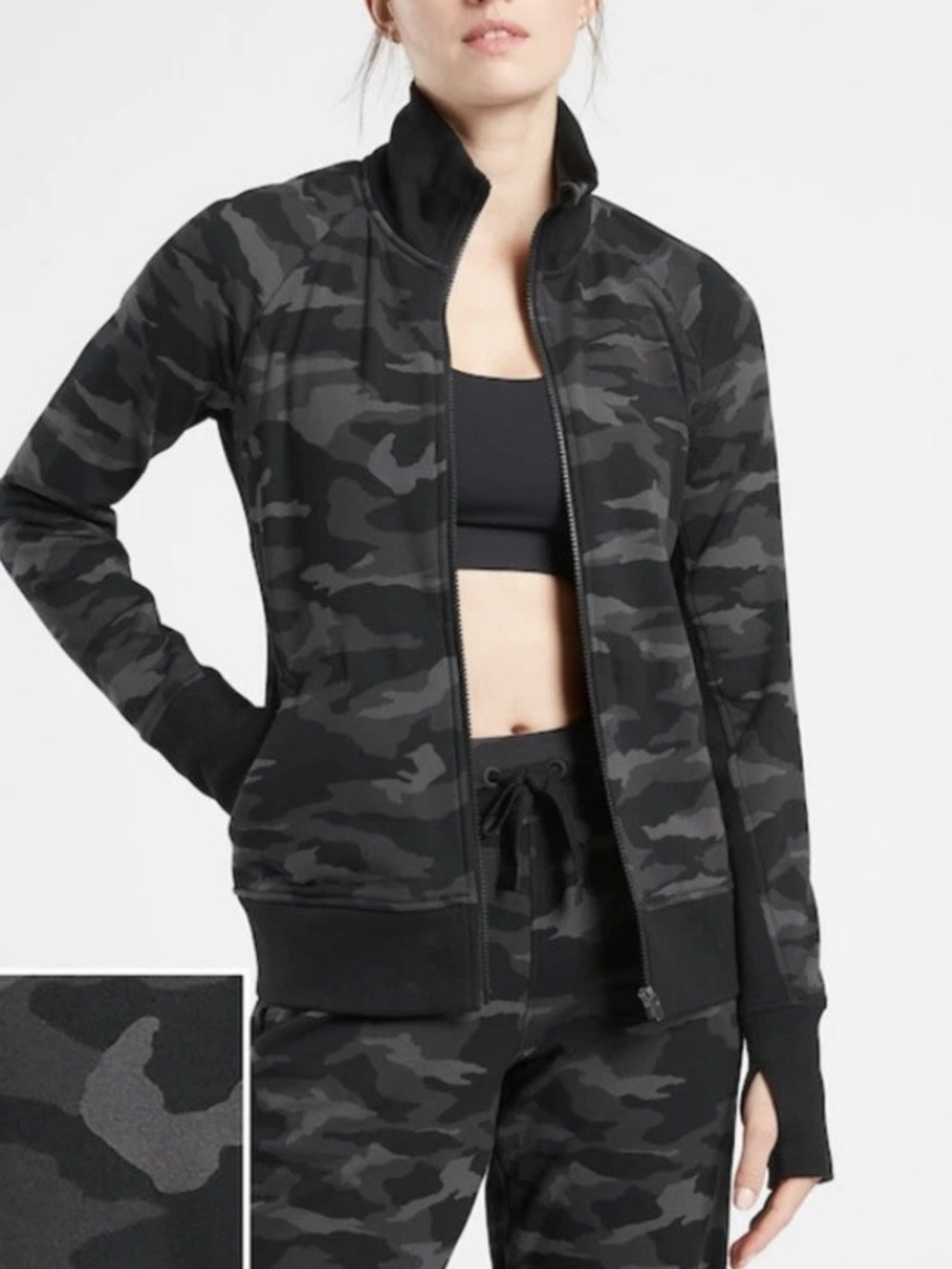 Athleta Triumph Printed Full Zip Jacket Black Camo Gym Sport XL Sweatshirt